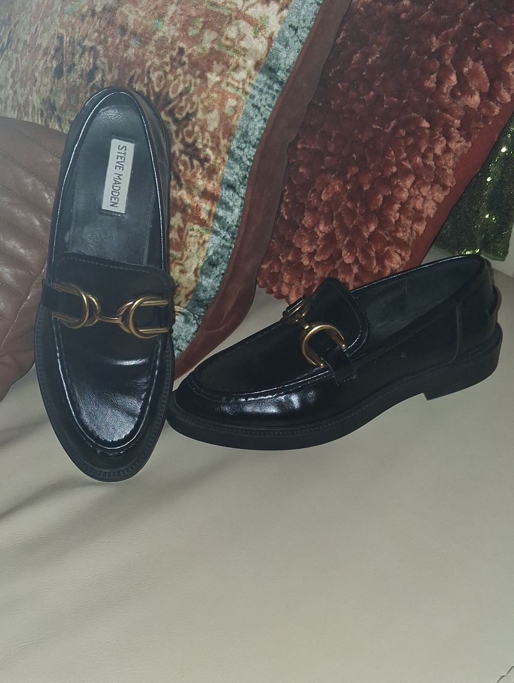 Steve Madden Black Leather Loafers with Gold Bit